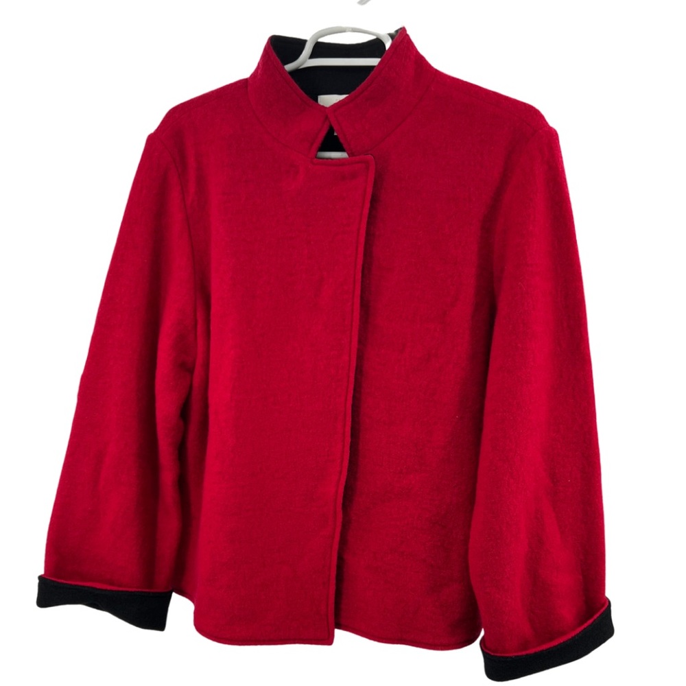 Chico’s 2 M 12 red black cape jacket 100% wool winter business casual Holiday
